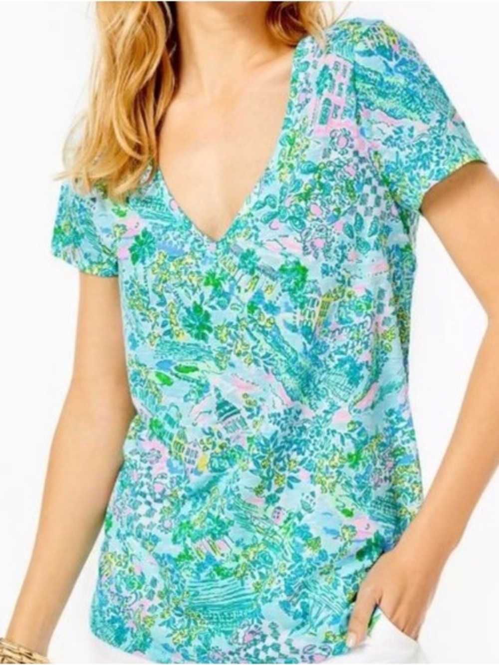 Lilly Pulitzer Etta V-Neck Top vibrant "Lilly Loves South Carolina" large